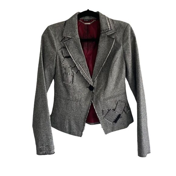 Buffalo DAVID BITTON Button Front Blazer Patches Frayed Grey Silver Black S - Picture 1 of 8